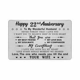 DEGASKEN Happy 22nd Wedding Anniversary Card for Husband from Wife - I Love You With All My Heart - 22nd Anniversary Keepsake Gifts for Him Men, Metal Wallet Insert Card