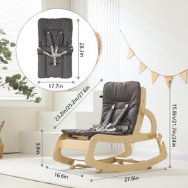 3-in-1 Baby Bouncer Adjustable Wooden Rocker Chair, Ergonomic Design Baby Lounger with Removable Cushion,Seat Belt and Booster, Recliner for Infants to Toddler (Grey)