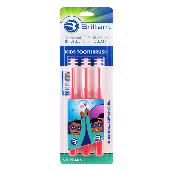 Brilliant Kids Toothbrush Ages 5-9 Years - When Adult Teeth Appear - Microfiber Bristles Clean All-Around Mouth, Kids Love Them, Red, 3 Count