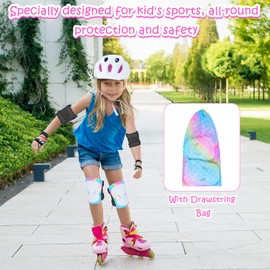 Knee Pads for Kids Elbow Pads Wrist Guards with Drawstring Mesh Bag, 7 in 1 Protective Gear Set for Girls Boys for Skating Cycling Rollerblading Scooter, 3-8 Years (Rainbow Mermaid)
