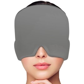 Migräne Maske, 180° Abdeckung Einstellbar Migräne Mütze Migraine Relief Cap Kühlpads Gel Kaltkompressionstherapie-Kühlpack für Kopfschmerzen | geschwollene Augen | Nebenhöhlen | Nervosität (Gris)