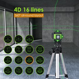 Laser Level 360 Self Leveling with Tripod, 4D Green Laser Level Lines Tool, Cross Line Laser with 2 Rechargeable Battery and Tool Kit for Construction, Picture Hanging, Floor Tile, Renovation