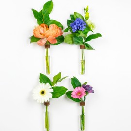 TWILG - Test Tubes for Flowers with Cognack Leather and Wall Magnet - Set of 4 - Flower Vase, Test Tubes with Stand, Test Tube Wall, Magnetic Vase
