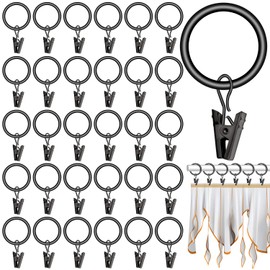 JJQHYC Pack of 40 Curtain Rings Black 25 mm Metal Curtain Rod Rings with Clips Hooks Modern and Elegant
