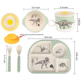 shopwithgreen 7Pcs/Set Bamboo Kids Dinnerware Set - Children Dishes - Food Plate Bowl Cup Spoon Fork Set Dishware, Cartoon Tableware, Dishwasher Safe Kids Healthy Mealtime, BPA Free