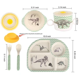 shopwithgreen 7Pcs/Set Bamboo Kids Dinnerware Set - Children Dishes - Food Plate Bowl Cup Spoon Fork Set Dishware, Cartoon Tableware, Dishwasher Safe Kids Healthy Mealtime, BPA Free