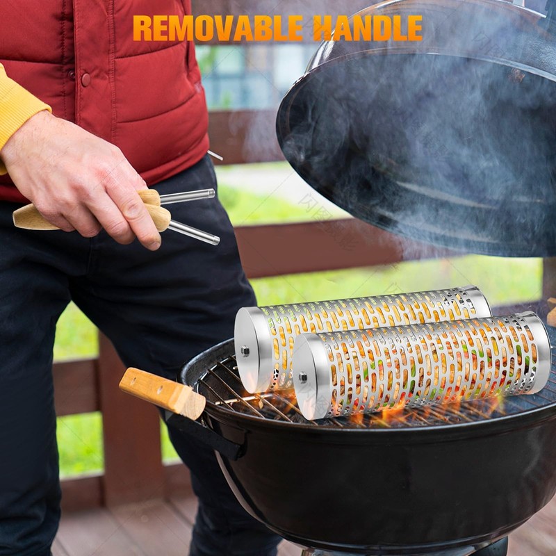 Rolling Grill Baskets,【2025Upgraded】 2Pcs Rolling BBQ Basket with Removable Wooden