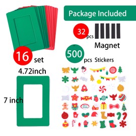 TINYFUTURE 16 Set Christmas Picture Frame Craft kit with 500 Piece Sticker and Self Adhesive Magnet Art Day Christmas Ornament for Kids Girls Boys Xmas Party Favor Home Decor