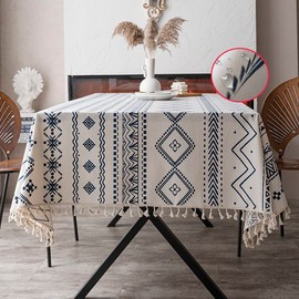 Farmhouse Wipeable Tablecloth Vinyl Waterproof Coating Spill-Proof Table Cover Cotton Linen Backing Slip Resistant Tabletop Kitchen Party Table Décor White Blue Boho Rectangle 55"×102"(8-10 Seats)