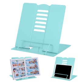 Desk Book Stand Metal Reading Tray Book Holder Adjustable Cookbook Document Holder Portable Sturdy Book Stand for Recipes Textbooks Tablet Music Books with Side Clips (Light Turquoise)