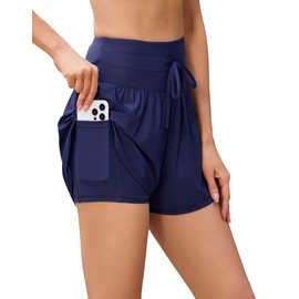 difficort Womens Board Shorts with Compression Liner High Waisted Swim Beach Swimming Shorts with Waist Zipper Pockets,Navy Blue,Large