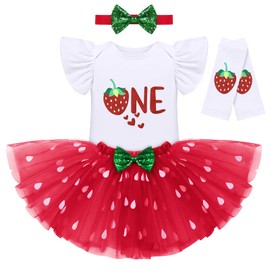 IBTOM CASTLE Strawberry Shortcake Party Decorations, First Birthday Outfit for Baby Girls Ruffle Romper Tutu Skirt Sequin Bowknot Leggings Holiday Hawaiian Clothes Set Red Strawberry-1st 1 Year