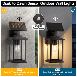 VORZU Dusk to Dawn Solar Exterior Waterproof Lights, Solar Porch Wall Lamp Outdoor with E26 Socket & Glass Shades, 3 Modes Exterior Lighting Fixture for House Front Garage, 2 Pack