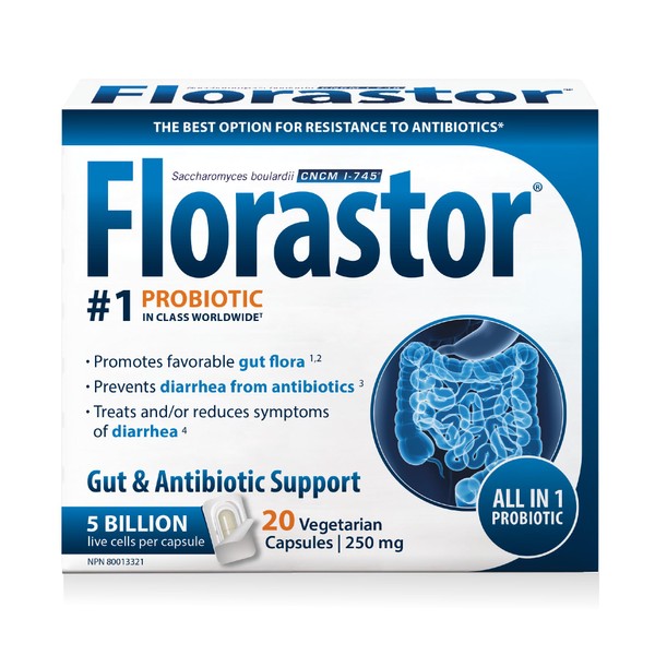 Florastor - Saccharomyces Boulardii CNCM I-745 - Daily All in One Probiotic - Gut Health & Digestive Support - Supports Immune System - Antibiotic-associated diarrhea - For Adults & Family - 20 caps