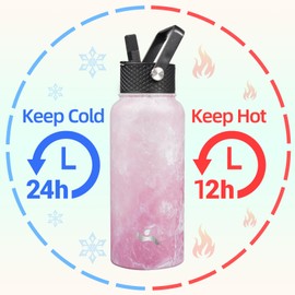 Konokyo 32 oz Insulated Water Bottle Stainless Steel Sport Bottles with 3 Lids,Marble Blossom