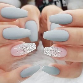 Press on Nails Short Coffin Fake Nails with Glitter Designs Pink Glue on Nails Grey-Blue Full Cover False Nails Acrylic Nails Press ons Glossy Girls Artificial Stick on Nails for Women 24Pcs