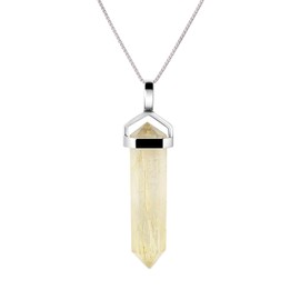 Franki Baker Natural Gold Rutilated Quartz Gemstone & Sterling Silver Double Point Pendant Necklace. Pendant Length: 4cm. Chain Length: 50cm