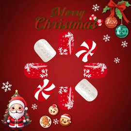 Christmas Snowflake Press on Nails 24 Pcs Red Curve Line Stick on Nails Winter Acrylic Fake Nails Short Square Glossy Silver Glitter False Nails Xmas Windmills Gel Glue on Nails for Merry Christmas