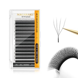 NAGARAKU 4D W Eyelash Extensions, Eyelash Extension, Self-Fanning Lash, Pre-Fanned Ready-to-Use Fan Weave with Long Handle, Premade Fans Volume Cluster, Mega Matte Black (0.07 mm C Curl, 8-15 mm Mix)