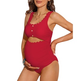 Charmo Maternity Bathing Suit One Piece Ruched Scoop Neck Swimsuit Scallop Edges Cut-Out Pregnancy Swimwear Red M