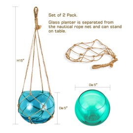 SAILINGSTORY Hanging Glass Plant Terrarium 5" Glass Planter Propagation Stations Flower Vase Blue and Teal Set of 2 Pack