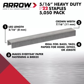 Arrow 225 Heavy Duty P22 Staples for Use with Plier-Type Paper and Bag Staplers in Restaurants, Offices, Classrooms, 5050-Pack, 5/16-Inch Leg Length, 7/16-Inch Crown Width
