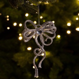 com-four® 6 x Christmas Tree Decorations in Bow Shape, Christmas Decoration in Festive Colours, Glittering Pendants for Christmas (Silver, Bow, Pack of 6)