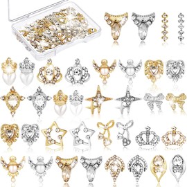 36 Pcs 3D Nail Charms Heart Nail Art Rhinestones Gold Silver Nail Jewelry Pearl Crystal Diamonds Rhinestones Gems for Beauty Manicure Nails Jewelry Making (Crown Style)