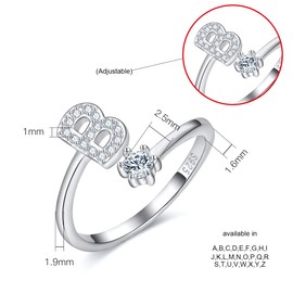 CRYSLOVE Women’s / Girls’ Letter Ring - 925 Sterling Silver - Open & Adjustable Initial Ring - A-Z Alphabet Rings with Gift Box, Silver, b