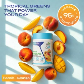 Aktiv Greens Supplement – Peach and Mango Flavor | 95% Organic Ingredients | Sucralose Free | No Artificial Flavors or Colors | Made in Canada | 30 Servings