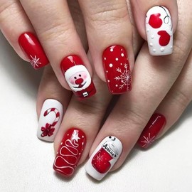 Red Christmas Nails Medium Press on Nails Square Fake Nails Santa Claus and Snowflakes Design Glossy Acrylic Nails Full Cover Stick on Nails for Women and Girls Christmas Nail Art Decoration 24Pcs
