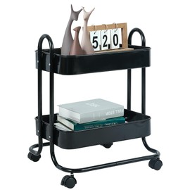 Melody House 2 Tier Metal Mesh Utility Rolling Cart Storage Organizer with Lockable Wheels for Office Kitchen Living Room Laundry Bathroom Black