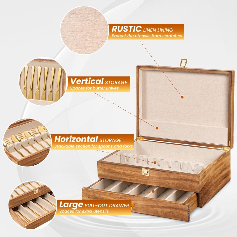 Yoimori Silverware Storage Box, 2-Layer Flatware Storage Case with Drawer,