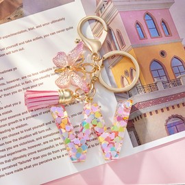 QUKE Fashion Alphabet Initial Letter Keychain Pink Tassel Butterfly Pendant Key Ring for Purse Schoolbags Women Girl - W