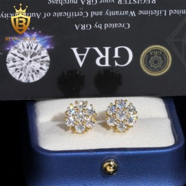 Blingdiam Pass Diamond Teater High Quality 11MM Flower Hip Hop Screw Back Diamond Stud Moissanite EarringsColor: 11mmGold