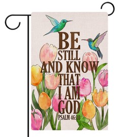 Hzppyz Be Still and Know That I am God Religious Garden Flag Double Sided, Tulip Flowers Hummingbird Birds Decorative Yard Outdoor Home Small Decor, Spring Summer Outside House Decoration 12 x 18