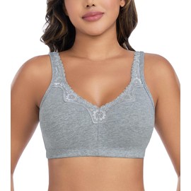 DotVol Women's Lace Cotton Comfort Plus Size Full Cup Minimizer Low Back Wireless Bra(UK 38D,EU 85D,Grey)