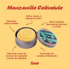 NANAH EN SÓLIDO Crema Sólida de Manzanilla Caléndula, vegana, con ingredientes naturales, hidratante, calmante y cicatrizante, 80 gr.