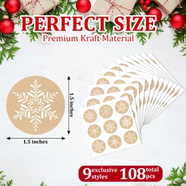 Christmas Stickers for Envelopes, 108Pcs Snowflake Stickers Christmas Envelope Seals, Self-Adhesive Christmas Holiday Stickers for Envelope Bags Wrapping Gift Cards Decorations, Natural Kraft Paper