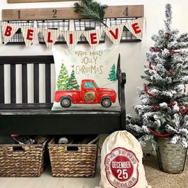 JOTOM Christmas Tree Cushion Covers 45x45cm Christmas Decorative Pillow Covers Red Truck Xmas Pillowcases Cushion Case for Couch Bed Merry Christmas Winter Holiday Home Living Room Decor (Tree Truck)