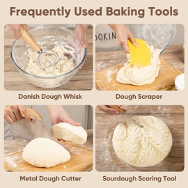 Feestruvte Sourdough Bread Baking Accessories, 12 Piece Bread Baking Tool Set with Danish Dough Whisk, Sourdough Cutting Tool, Dough Scraper and Plastic Scraper