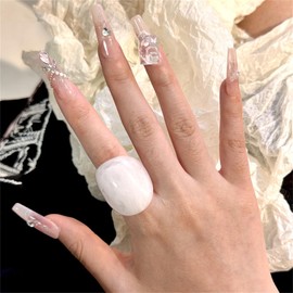 PINK TOWN Resin Chunky Ring, Multicolor Acrylic Stackable Rings Set Vintage Plastic Knuckle Rings Aesthetic Y2k Statement Rings Thick Dome Finger Joint Ring for Women (White)