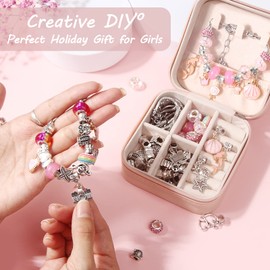Charm Bracelet Making Kit - Girls 66 Pcs DIY Beaded Jewelry Making Kit, Girls Gifts Toys Crafts for Girls Ages 5 6 7 8-12, with a Portable Bracelet Organizer Box(Pink)