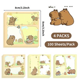 400Pcs Capybara Sticky Notes, Kawaii Shy Little Capybara Sticky Tabs, Self-Stick Pads, Cute Memo Notes, 4 Packs 100 Sheets/Pack, Office School Study Supplies for Students Teachers Kids Women