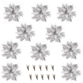 10 Pcs Silver and White Glitter Poinsettia 5.5" Artificial Flowers Christmas with Clips Stems Xmas Tree Ornaments for Wedding Party Wreath Decoration