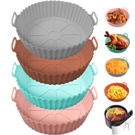 Manricle 4 Pcs Olla de Silicona para Freidora de Aire - Bandeja Redonda de Silicona apta para Uso Alimentario, Reutilizables, Microondas, Vapor, Horno (Azul+Rosa+Gris+Marrón)
