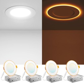 Amico 4 Pack 4 Inch 5CCT LED Recessed Ceiling Light with Night Light, 2700K/3000K/3500K/4000K/5000K Selectable Ultra-Thin Recessed Lighting, 10W=90W, 700LM, Dimmable Canless Wafer Downlight ETL&FCC
