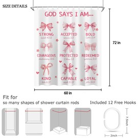 CINEKER Pink Bow Shower Curtain Set for Bathroom 60Wx72H God Says I Am Shower Curtain Nursery Girls Polyester Bathtub Curtain Inspirational Quotes Aesthetic Coquette Girly Bathroom Decor with 12 Hooks