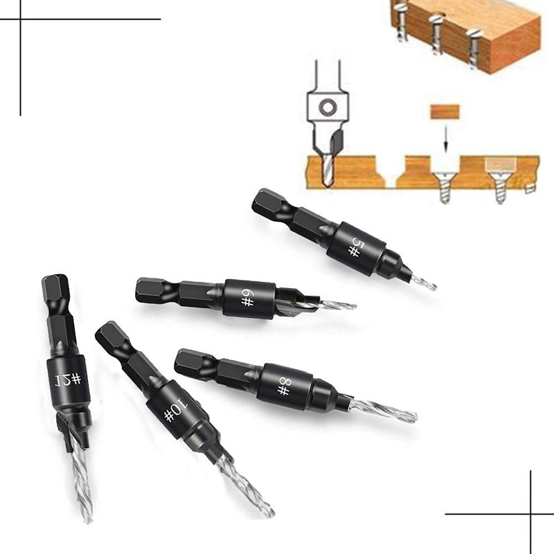 Bephee 5Pcs Quick Change HSS Wood Countersink Drill Set 1/4"Hex