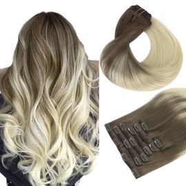 HOTBANANA Human Hair Clip in Hair Extensions, Ombre Sandy Brown to Platinum Blonde 80g Clip in Hair Extensions Real Human Hair Straight Remy Hair Clip in Hair Extensions 12 Inch 7pcs